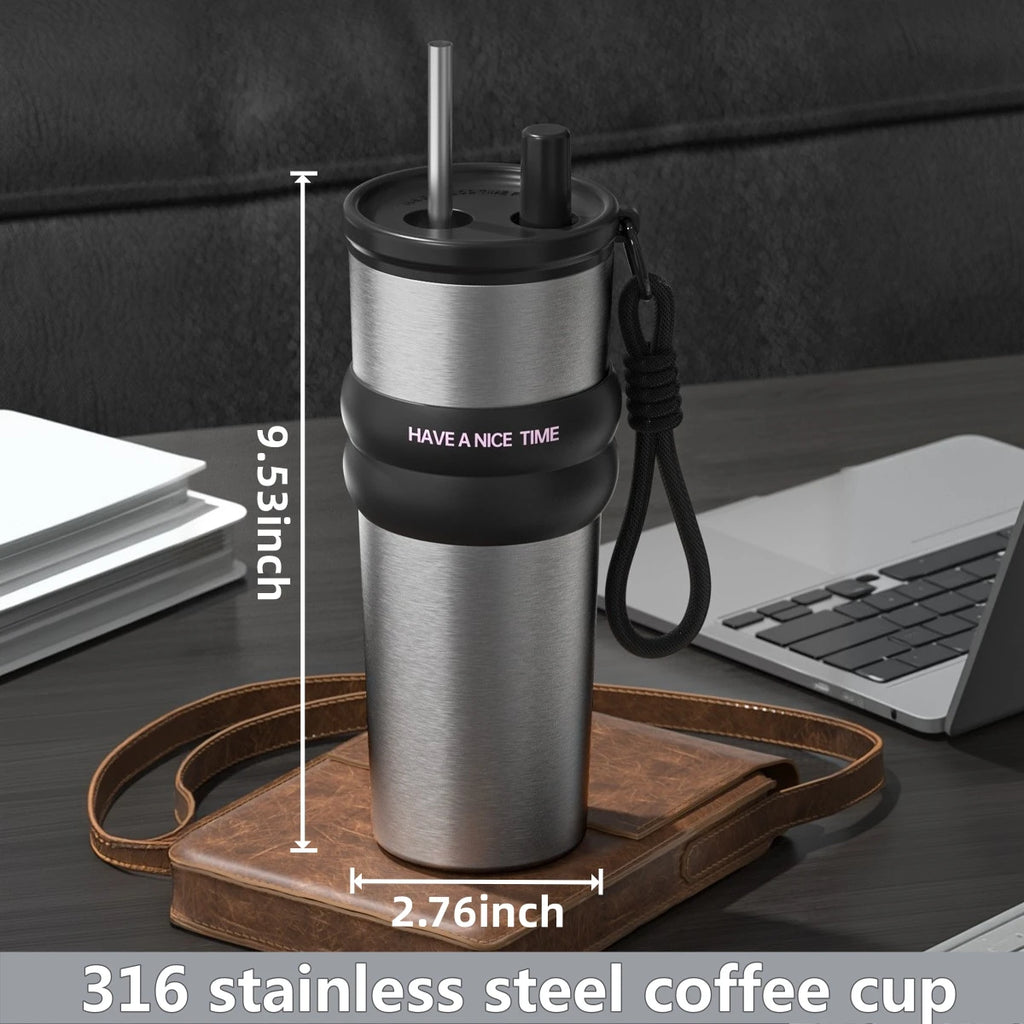 Stainless Steel Vacuum Insulated Bottle with Straw, Leak-proof Thermos for Hot & Cold, Portable Water Bottle for Travel & Sports