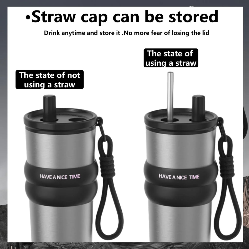 Stainless Steel Vacuum Insulated Bottle with Straw, Leak-proof Thermos for Hot & Cold, Portable Water Bottle for Travel & Sports