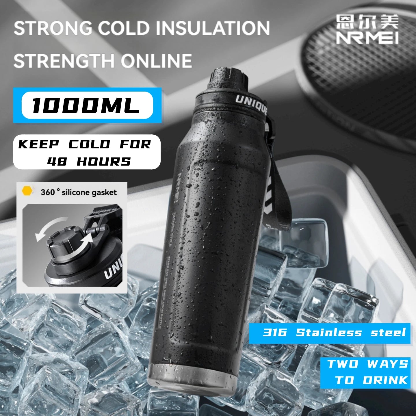 1L Insulated Stainless Steel Bottle Thermos Water Cup Qutdoor Sports with Handle Vacuum Double Wall Flasks