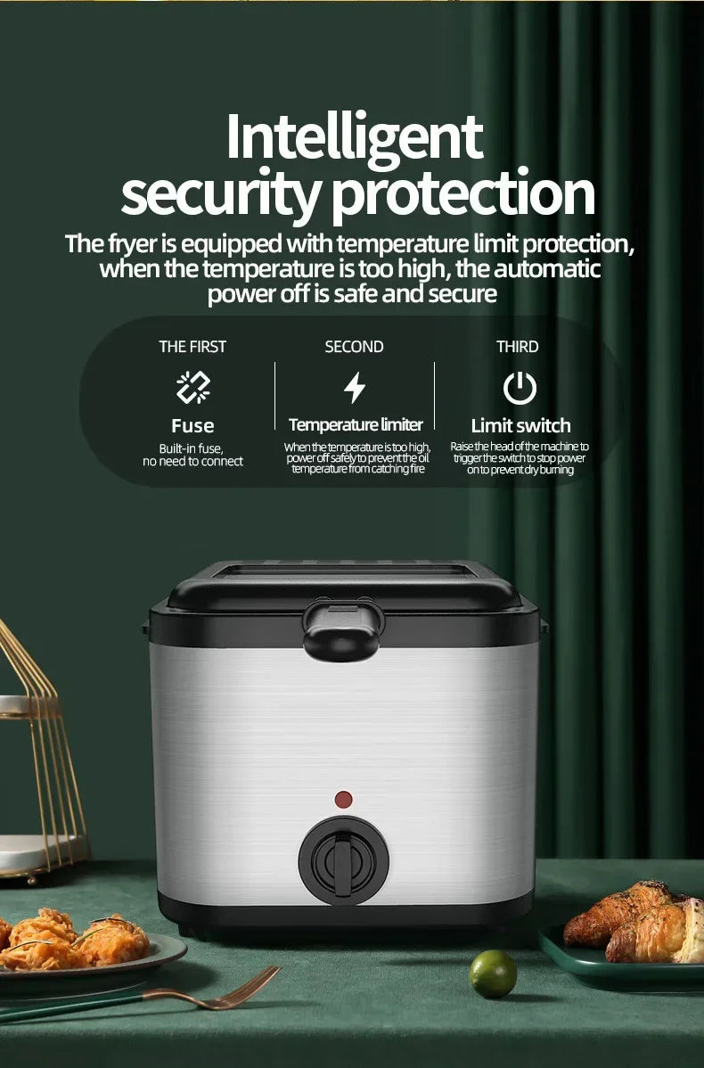 Home Electric French Fries Machine You Tiao Machine 2.5L Household Stainless Steel Fryer 220V/1000W Integrated Self-heating Elec