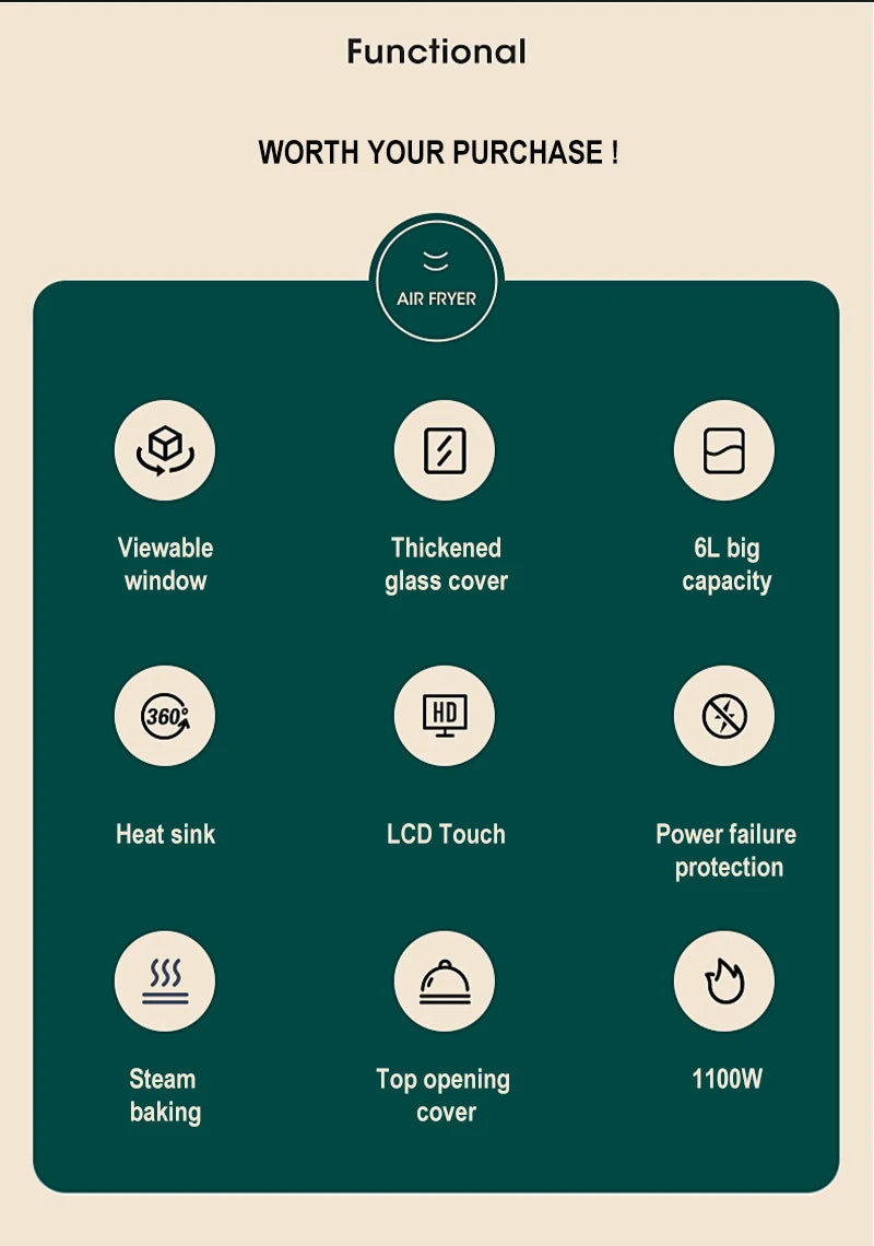 Multifunctional Home Air Fryer Without Oil Intelligence 6L Oven 220V 1100W LED Touch Panel Temperature Control Visual Air Frying