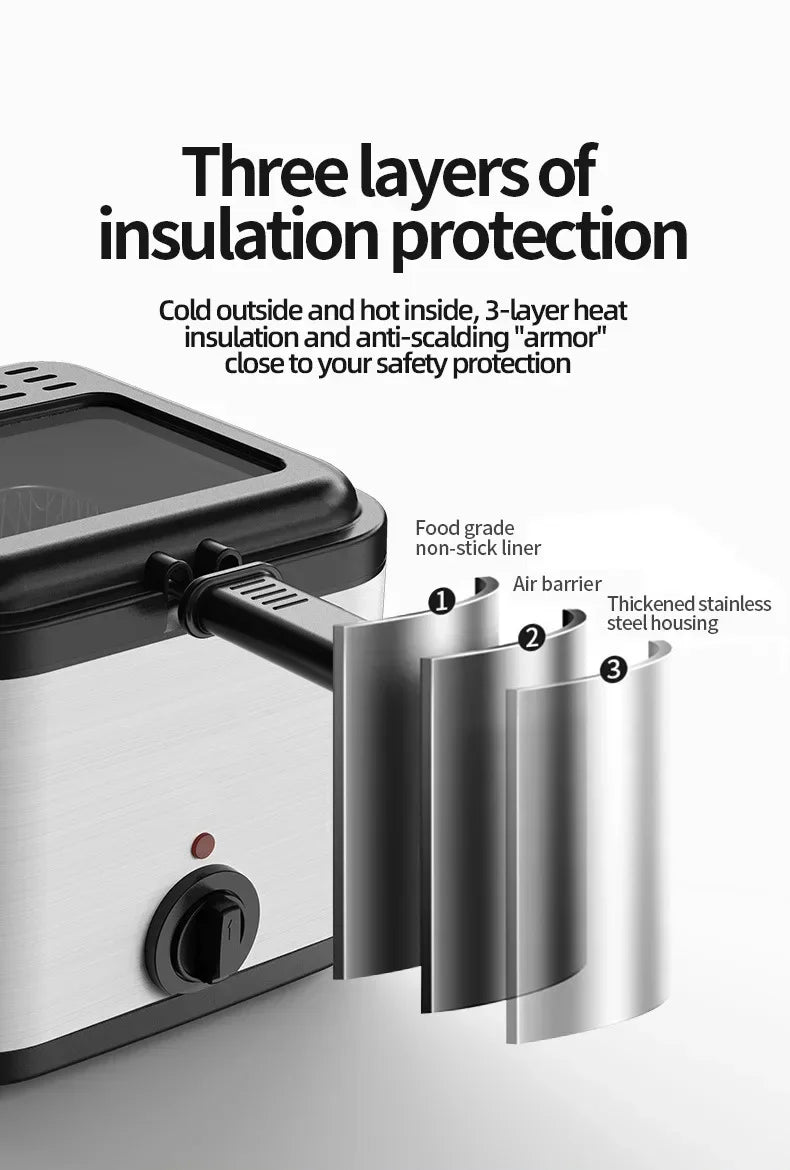 Home Electric French Fries Machine You Tiao Machine 2.5L Household Stainless Steel Fryer 220V/1000W Integrated Self-heating Elec