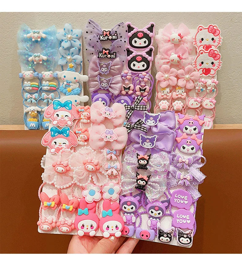 18Pcs Sanrio Kawaii Hello Kitty Stretch Bow Hair Tie for Kids Kulomi Double Ponytail Leather Band Hair Accessories Student Gift
