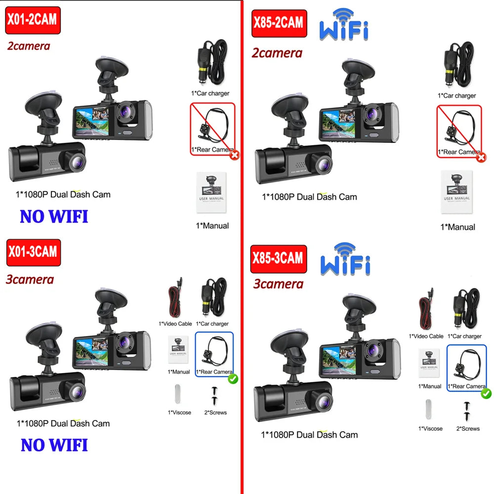 2/3Camera WIFI Dash Cam Cabin Car Dvr 1080P Interior Vehicle Three Way Channel Dvrs Recorder Video Registrator Dashcam Camcorder