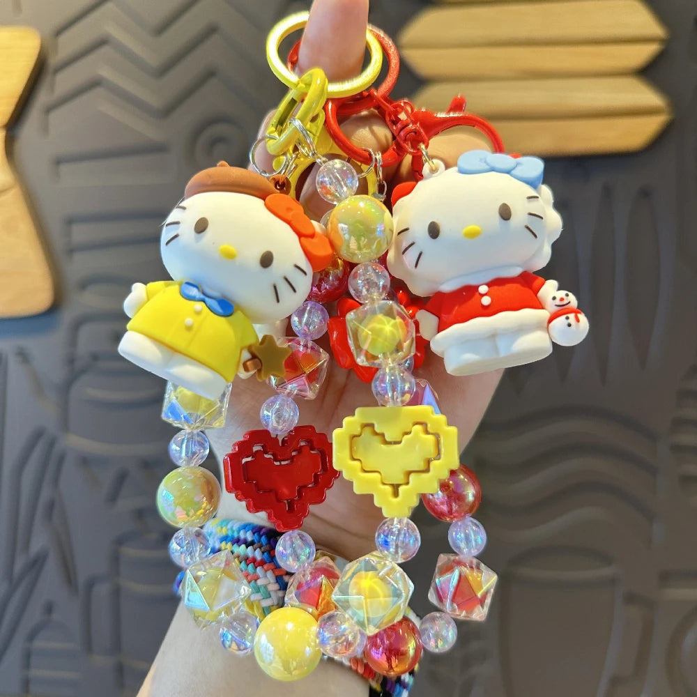 New HelloKitty Anime Keychain, Sanlio Creative Beaded Mobile Phone Chain, Bag Pendant, Fashion Accessories, Girl Gifts