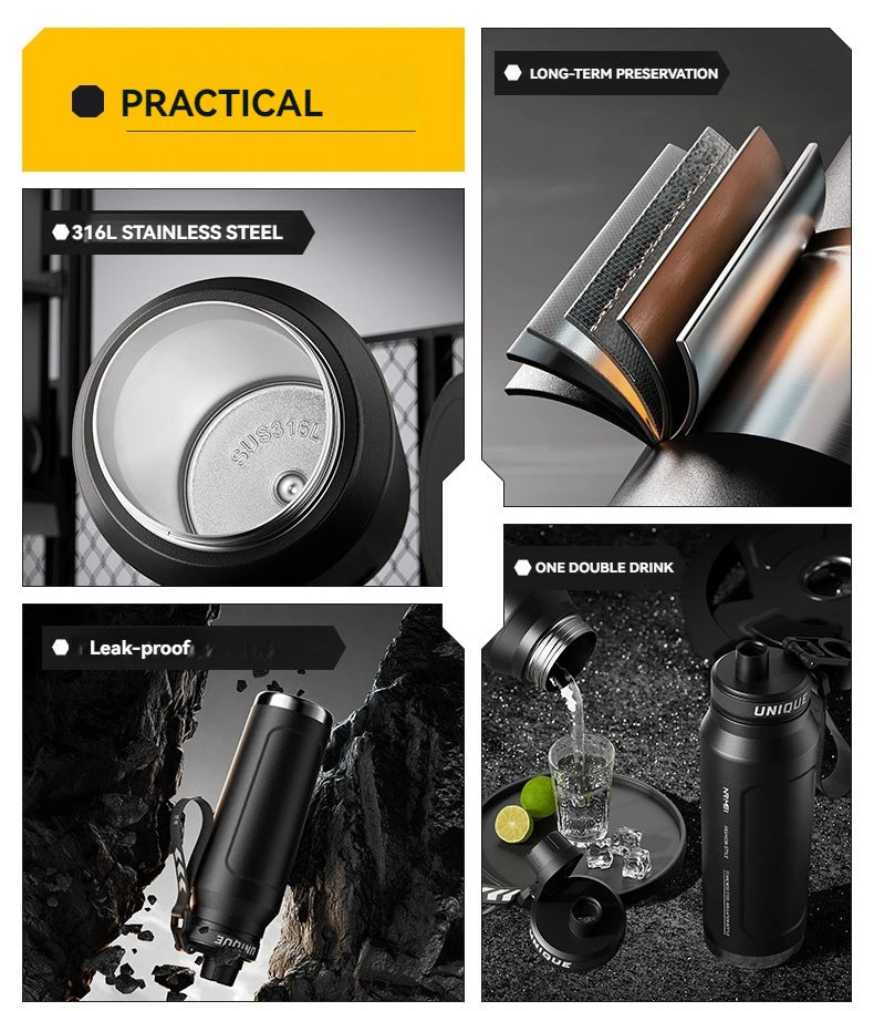 1L Insulated Stainless Steel Bottle Thermos Water Cup Qutdoor Sports with Handle Vacuum Double Wall Flasks