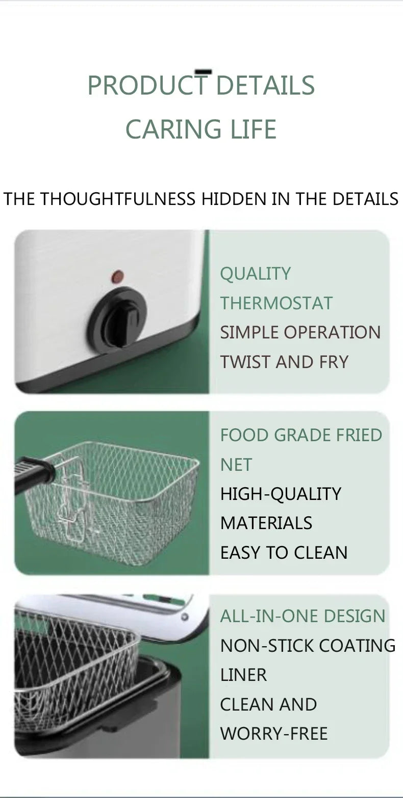 Home Electric French Fries Machine You Tiao Machine 2.5L Household Stainless Steel Fryer 220V/1000W Integrated Self-heating Elec