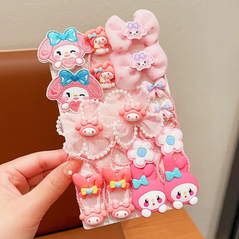 18Pcs Sanrio Kawaii Hello Kitty Stretch Bow Hair Tie for Kids Kulomi Double Ponytail Leather Band Hair Accessories Student Gift