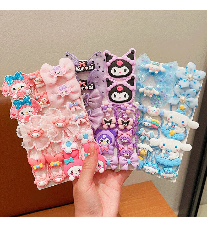 18Pcs Sanrio Kawaii Hello Kitty Stretch Bow Hair Tie for Kids Kulomi Double Ponytail Leather Band Hair Accessories Student Gift