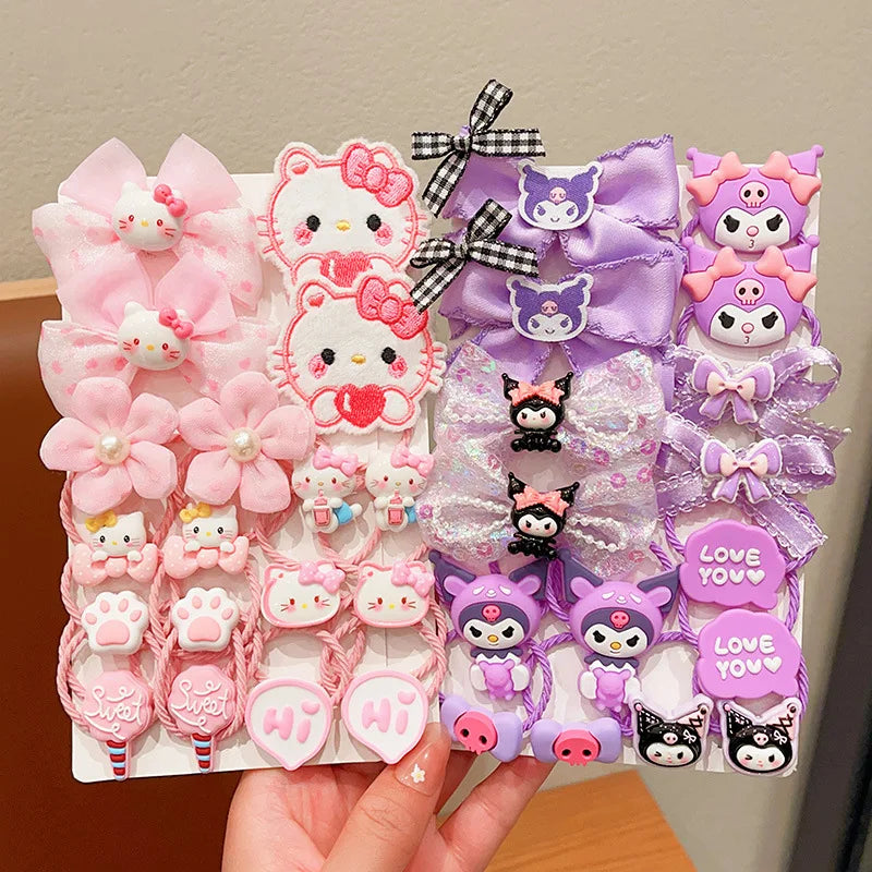 18Pcs Sanrio Kawaii Hello Kitty Stretch Bow Hair Tie for Kids Kulomi Double Ponytail Leather Band Hair Accessories Student Gift