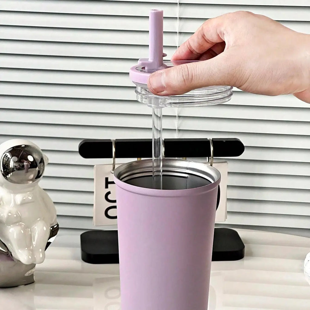 Thick Insulated Stainless Steel Water Bottle, Leak-Proof Design, Foldable Straw Lid, Suitable for Cold & Hot Drinks, Simple Fashion