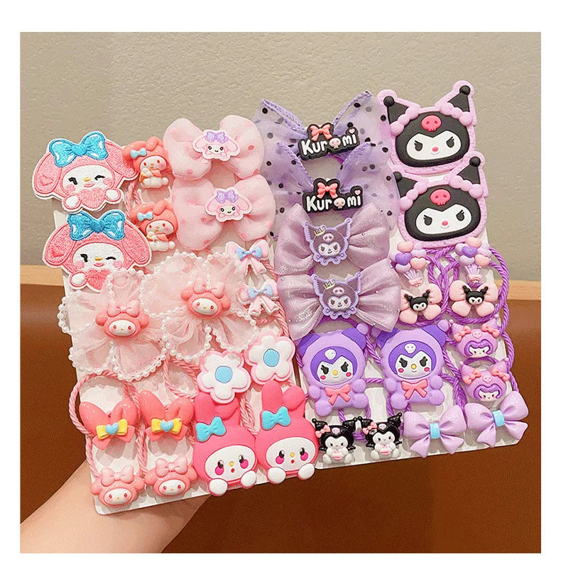 18Pcs Sanrio Kawaii Hello Kitty Stretch Bow Hair Tie for Kids Kulomi Double Ponytail Leather Band Hair Accessories Student Gift