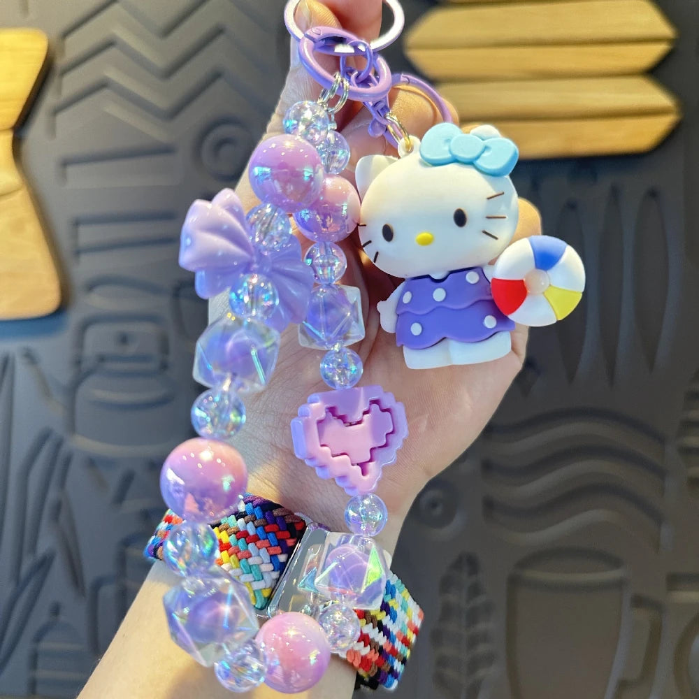 New HelloKitty Anime Keychain, Sanlio Creative Beaded Mobile Phone Chain, Bag Pendant, Fashion Accessories, Girl Gifts